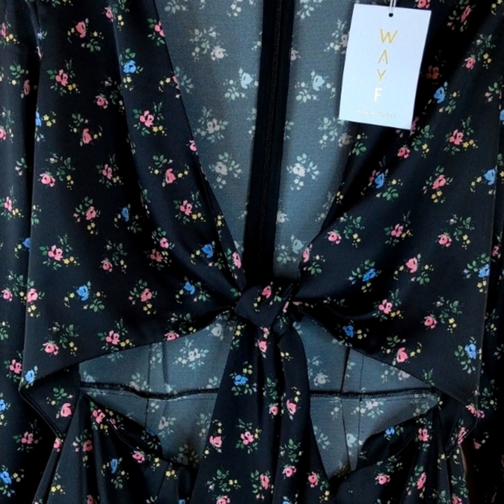 Wayf Tie Front Cutout Dress Black Blue Rose Small Print Floral. Large. Satiny - Picture 3 of 16